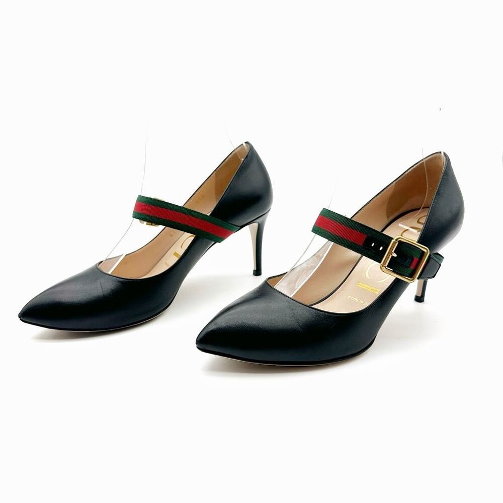 GUCCI Sylvie Black Leather Heels Size 37 US 7 Web Mary Jane Buckle Strap - Picture 13 of 13